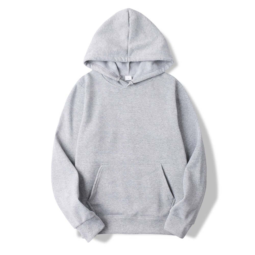 unisex cotton hoodie in light gray color, featuring a cozy design and front pocket for everyday comfort.
