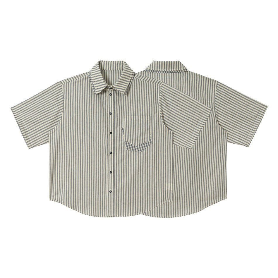 Striped double-layer collar short sleeve Button Up