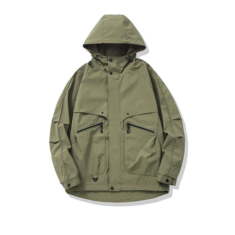 Oversized Hooded Cargo Jacket in olive green color with a relaxed fit and multiple pockets.