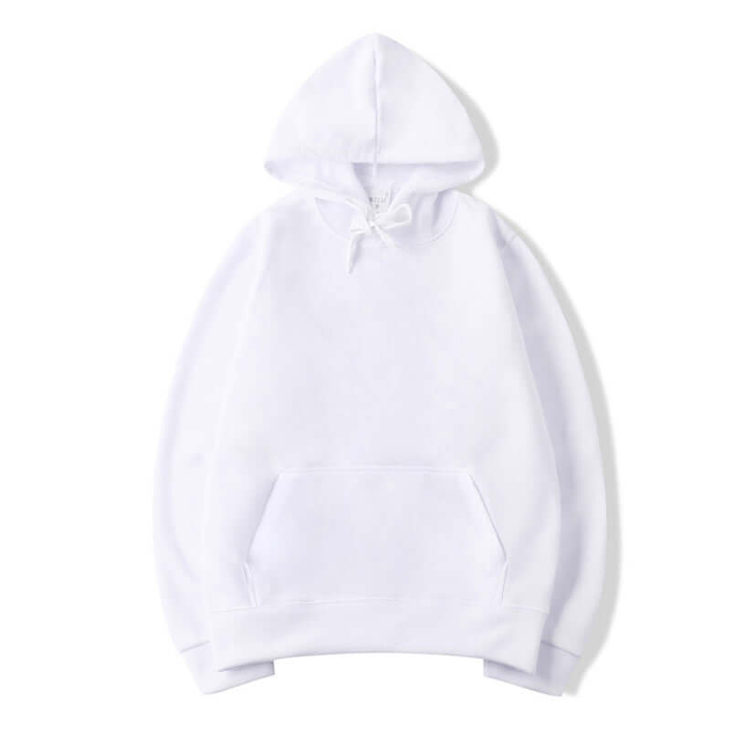 unisex cotton hoodie in white, featuring a classic design with a drawstring hood and front pocket.