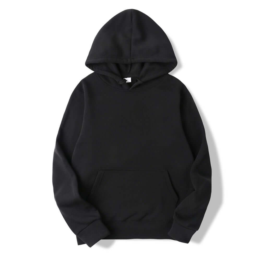 Unisex cotton hoodie in black color, featuring a hood and front pocket, ideal for casual wear.