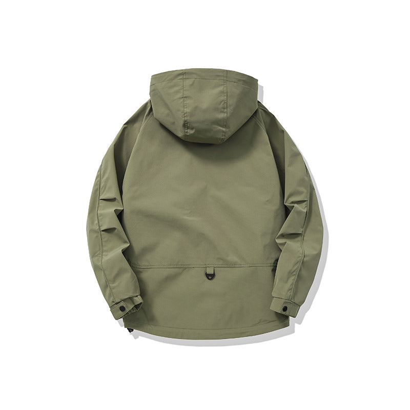 Back view of an Oversized Hooded Cargo Jacket in olive green, featuring a hood and functional design.