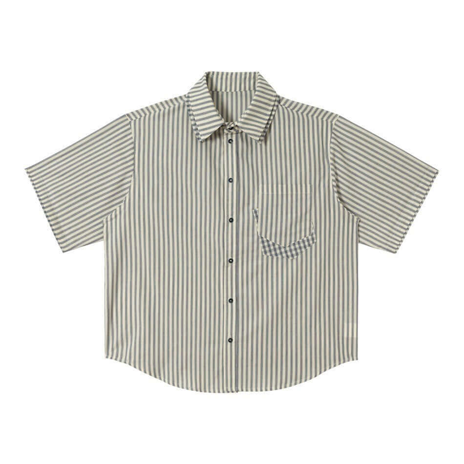 Striped double-layer collar short sleeve Button Up