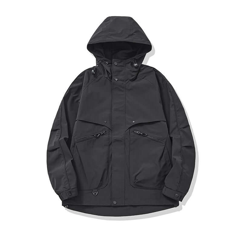 Oversized Hooded Cargo Jacket in black, featuring functional pockets and a loose fit for comfort.